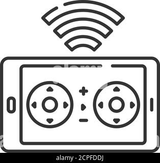 Drohnensteuerung Smartphone schwarze Linie Symbol. Mobile App Quadcopter Fernbedienung. Online-Service für autonomes Drohnen-Logistikkonzept. UI UX-Bildschirm Stock Vektor