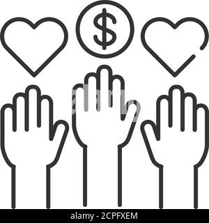 Soziales Freiwilligenarbeit schwarze Linie Symbol. Freiwillige Hände. Gemeinnützige Gemeinschaft. Wohltätigkeitsorganisation, Konzept der humanitären Hilfe. Melden Sie sich für Webseite, mobile App, Banner an Stock Vektor