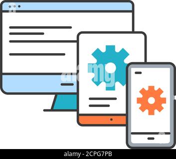 Plattformübergreifendes Symbol für die Farblinie der App. Bezieht sich auf die Entwicklung von mobilen Apps, die auf mehreren mobilen Plattformen verwendet werden können. UI UX GUI Design Element Stock Vektor