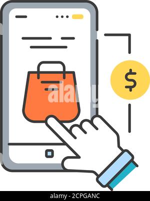 Symbol für die Farblinie des App-Kaufs. Bezieht sich auf den Kauf von Waren und Dienstleistungen innerhalb einer Anwendung auf einem mobilen Gerät. UI UX GUI Design Element Stock Vektor