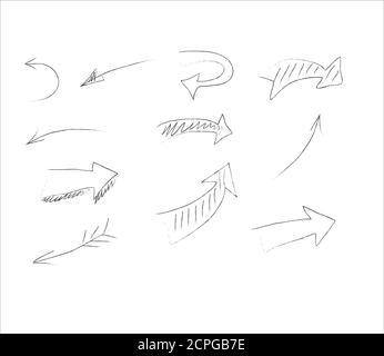Satz von schwarzen grunge handgezeichneten Pfeilen isoliert auf weiß. Vektorgrafik. Doodle Pfeil Sammlung von handgezeichneten Pfeilen, Vektor-Set. Stock Vektor