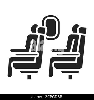 Passagiere sitzen auf den Sitzen auf dem schwarzen Glyphen-Symbol des Flugzeugs. Flugzeug Economy Class Innenraum. Piktogramm für Webseite, mobile App, Promo. UI-UX Stock Vektor