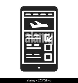 Flugbuchung im Smartphone black glyph icon. Reservierung von Plätzen in einem Flugzeug in einem Gerät. Piktogramm für Webseite, mobile App, Promo. UI-UX-GUI Stock Vektor