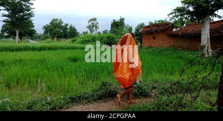 DISTRIKT KATNI, INDIEN - 04. AUGUST 2019: indisches Dorf armen Kind gehen in der Regenzeit tragen Polythene Abdeckung zum Schutz. Stockfoto