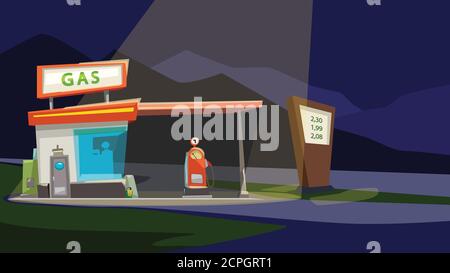 Cartoon Tankstelle in der Nacht mit Licht Stock-Vektorgrafik - Alamy