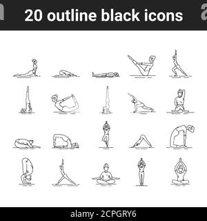 Yoga-Symbole mit schwarzen Linien. Verschiedene Yoga-Posen und Asanas. Piktogramm für Webseite, mobile App, Promo. UI UX GUI Design Element. Bearbeitbare Kontur Stock Vektor
