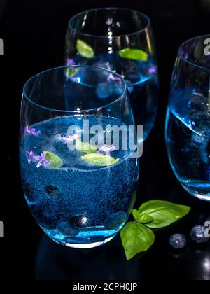 Drei Gläser hellblau, Gin und Tonic, mit Heidelbeer aromatisiertem Tonic, garniert mit frischen Heidelbeeren, Basilikumblättern und Rosmarinblüten Stockfoto