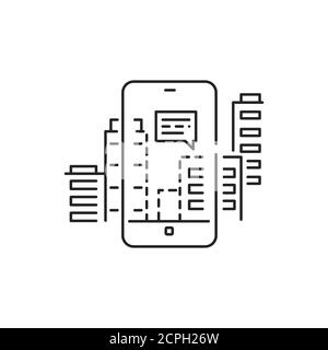 Augmented Reality, Navigation in der Stadt schwarze Linie Symbol. City App im Smartphone. Piktogramm für Webseite, mobile App, Promo. UI UX GUI Design Element Stock Vektor