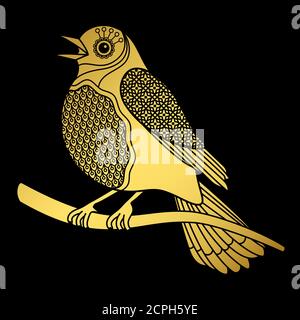 Singing Doodle Gold Vogel auf schwarzem Hintergrund, Vektor-Illustration Stock Vektor