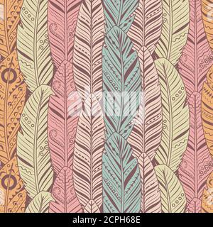 Hand gezeichnete Federn Nahtloses Muster. Vintage-Textur für Textil, Print, Tapete. Vektor Feder Vogel Muster Tapete, Stoff Ornament Retro-Illustration Stock Vektor