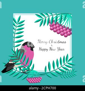 Weihnachtskarte mit Bullfinch und Eberesche Zweige, Vektor-Illustration Stock Vektor
