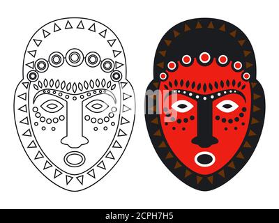 Tribal maya, afrikanische Masken - outlune und Farbmaske Vektor-Illustrationen. Maya Maske, Stammeskultur, einheimische ethnische Maske Stock Vektor