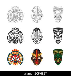 Umriss, Silhouette und bunte Tribal african Maske Icons set, Vektor-Illustration Stock Vektor