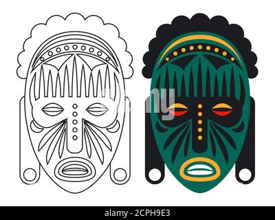 Vektordarstellung der Farbmaske. Umriss und Farbe afrikanische Maske isoliert auf weißem Hintergrund Stock Vektor