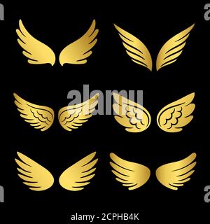 Golden Wings Vektor-Kollektion. Engel Flügel isoliert auf schwarzem Hintergrund. Illustration des goldenen Engelsflügelset Stock Vektor