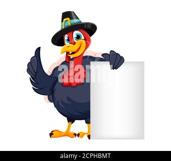 Alles Gute Zum Erntedankfest. Lustige Thanksgiving Türkei Vogel Cartoon-Figur steht in der Nähe von leeren Plakat. Vektorgrafik auf weißem Hintergrund Stock Vektor