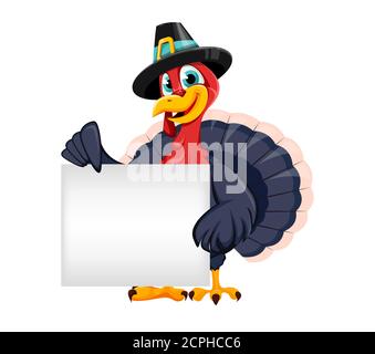 Alles Gute Zum Erntedankfest. Lustige Thanksgiving Türkei Vogel Cartoon-Figur mit leerem Plakat. Vektorgrafik auf weißem Hintergrund Stock Vektor
