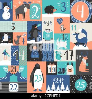 Weihnachten Adventskalender. Weihnachtstage Kalender Countdown mit Winter mit neuen Jahren Symbole, niedliche Tiere und Zahlen Vektor-Illustration Stock Vektor