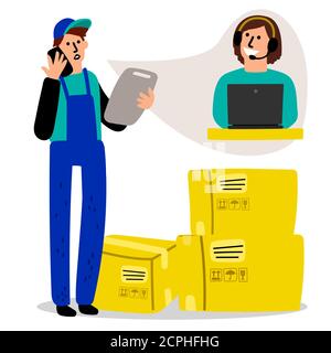 Lieferlogistik-Vektor. Lieferung Mann chating mit suppost Service Illustration Stock Vektor