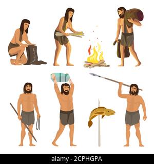 Steinzeit Menschen isoliert auf weißem Hintergrund. Alte, primitive Männer und Frauen mit Werkzeugen und Feuer. Vektor neanderthal und primitive Charakter Illustration Stock Vektor