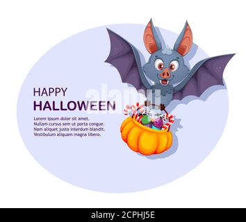 Frohe Halloween Grußkarte. Lustige Fledermaus Cartoon-Figur mit Korb mit Süßigkeiten. Vektorgrafik Stock Vektor