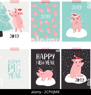 Weihnachten Schwein 2019 Karten. Frohes neues Jahr Grußkarten mit Schweinen in Weihnachtsmann Hut Vektor Illustration, niedliche rosa xmas Poster Stock Vektor