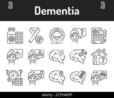 Gehirnerkrankungen Demenz Linie schwarze Symbole gesetzt. Speicherabfall. Abnahme der geistigen menschlichen Fähigkeiten. Registrieren Sie sich für Webseite, mobile App, Schaltfläche, Logo Stock Vektor