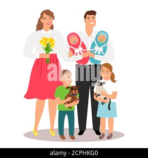 Glückliche Familie mit neu geborenen Zwillinge und Haustiere Vektor-Illustration. Familie Junge Mädchen, Mutter und Vater Stock Vektor