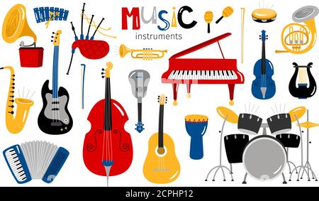 Cartoon Musikinstrumente. Vektorsymbole für Musikinstrumente, Sammlung von Unterhaltungsinstrumenten auf weißem Hintergrund isoliert Stock Vektor