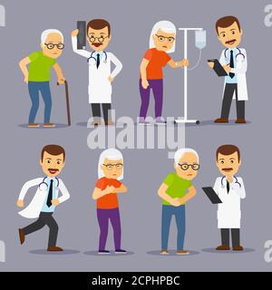 Ärzte und ältere Menschen, Medizin für alte Menschen Vektor-Illustration. Cnsultation Gesundheitswesen Senioren und ältere Menschen Zeichen Stock Vektor