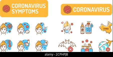 Wuhan Novel Coronavirus 2019-nCoV Farbe Linie Symbole gesetzt. Symptome gefährliche chinesische Virus Piktogramm für Web-Seite, mobile App, promo. UI UX GUI DESIGN Stock Vektor