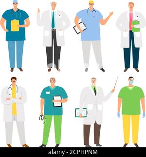 Ärzte Zeichen. Junge und alte medizinische Fachkräfte, Cartoon-Menschen im Gesundheitswesen, Pflegepersonal. Arzt, Uniform Sanitäter und Arzt, Vektor-Illustration Stock Vektor