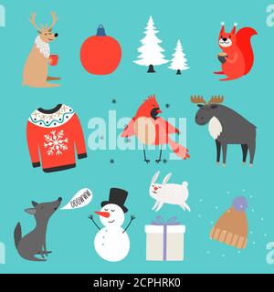 Winterkollektion. Warmer Pullover, Hut, niedliche Tiere und weihnachtselemente Vektor-Design. Weihnachten Tiercharakter, Wolf und Hirsch Illustration Stock Vektor