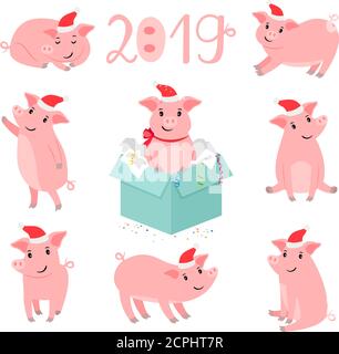 Schwein Neujahr Charakter. Weihnachten Schweine Porträt Vektor Illustration, Winter niedlichen rosa Schweinefleisch Haustier isoliert auf weißem Hintergrund Stock Vektor