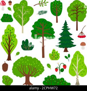 Cartoon Wald Baum gesetzt. Einfacher Vektor-grüner Baumsatz isoliert auf weißem Hintergrund Stock Vektor