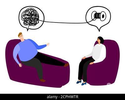 Glücklicher Mann im Sitz der Psychotherapie Vektor-Illustration. Verworren und entwirren Gehirn Metapher. Psychotherapie Ergebnisse Vektor-Konzept. Psychotherapie und Psychiater, Beratung Psychiatrie Frau Stock Vektor