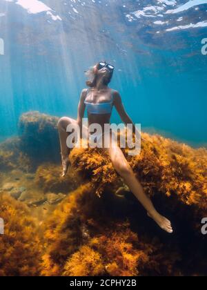 Frau im Bikini posiert am Felsen unter Wasser. Freitaucher Entspannen Sie sich im blauen Meer Stockfoto