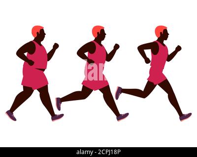 Weight Loss Running man Illustration. Fett und schlank Mann vor und nach dem Joggen Vektor isoliert auf weißem Hintergrund. Illustration von vor und nach dem Joggen Stock Vektor