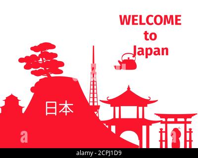 Willkommen bei Japan Vektor-Poster mit roten Silhouetten von japanischen Symbolen. Illustration von japan, willkommen auf Reisen und Reisen. Text - Japan Stock Vektor