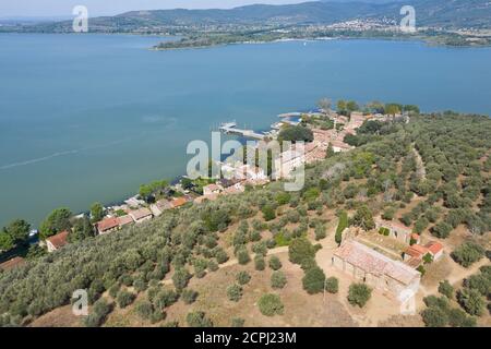 Luftaufnahme eines Teils der größeren Insel in Der trasimeno See umbrien italien Stockfoto