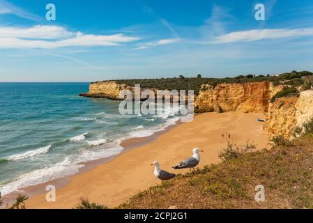 Natürliche Höhlen und Strand, Algarve Portugal. Felsbögen von sieben Hängenden Tälern und türkisfarbenes Meerwasser an der Küste Portugals in der Region Algarve Stockfoto