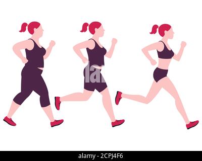 Jogging Gewichtsverlust Frau. Übergewicht Fett Dame und Fitness schlank Mädchen Vektor auf weißem Hintergrund isoliert. Fitness-Übung, Joggen und Gewichtsverlust Illustration Stock Vektor