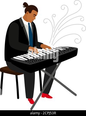 Jazz-Pianist spielt auf Synthesizer, Vektor-Cartoon-Charakter. Illustration des Pianisten Musical Stock Vektor