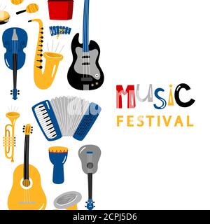 Musikfestival Banner mit Cartoon Charakter Instrumente Vektor-Design. Illustration von Banner und Plakat-Instrument, Musikfestival, Trommel und Trompete Stock Vektor