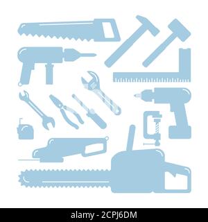 Werkzeuge Silhouetten. Home Wizard Toolkit, Vektor DIY blaue Symbole auf weiß. Schraubenschlüssel und Hammer, Bohrer und Schraubendreher, Maßband und Säge Stock Vektor