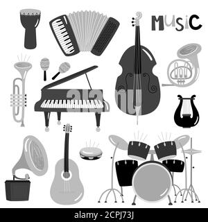 Monochrome Vektor-Musikinstrumente der Sammlung isoliert. Klavier und Trompete, Gitarre und Schlagzeug Illustration Stock Vektor