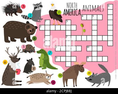Cartoon Nordamerika Tiere Kinder Kreuzworträtsel Vektor-Design. Illustration von Krokodil und Dachs, Waschbär und Bär, Luchs und Hirsch Stock Vektor