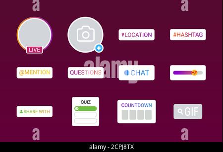Schnittstellen-Aufkleber für Geschichten. Schaltflächen für soziale Medien. Zeichen für Webseite, mobile App, Banner, soziale Medien. Bearbeitbare Kontur. Stock Vektor