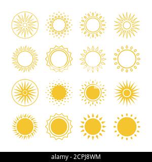 Linie und Silhouetten Sonne Vektor Icons Kollektion. Illustration des Sonnenuntergangs, sonniges Licht für Forecast App Stock Vektor