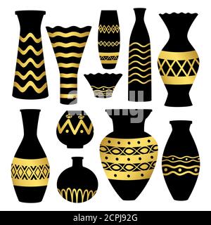 Griechische antike Schalen und Vasen mit goldenen Mustern. Vase antike griechische Keramik, Amphoren und griechenland. Vektorgrafik Stock Vektor